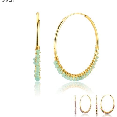 ANDYWEN 925 Sterling Silver 40mm Summer Green Beads Hoop 2020 Rock Punk Moonstone Piercing Ohrringe Fashion Jewelry Pendiente