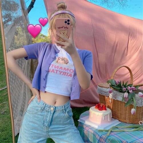 Korean Style V Neck Short Sleeve Knitted Tops Single Breasted Short Knitwear Summer Korean Solid Knit Coat Ropa Mujer