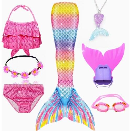Girls Swimming Mermaid Tails Bathing Suit Dress for Girls can add Monofin Fin Goggle with Garland Swimsuit Swimwear