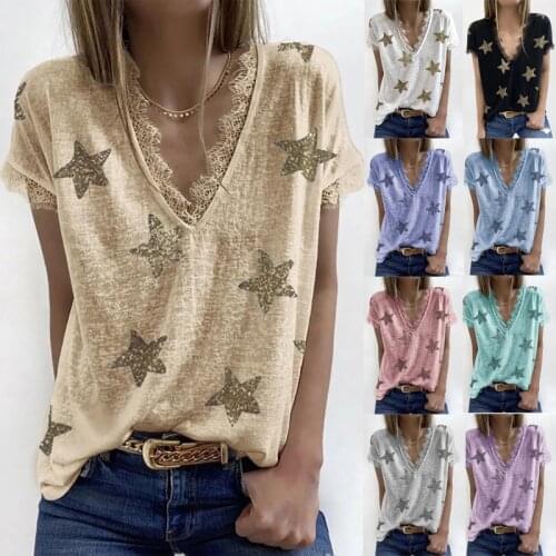 Lugentolo Summer Tshirts Women Five-pointed Star Print Lace V-neck Short Sleeve Tees Plus Size Loose Tops for Women