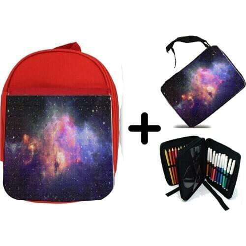 MERCHANDMANIA PACK red backpack and Galaxy case with Nebula precious school material kids personalized offer