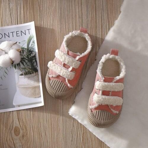 2021 Toddler Infant Kid Autumn Winter Plush Lining Canvas Shoes Breathable Baby Children Boys Girls Hook & Loop Flats Size 21-30