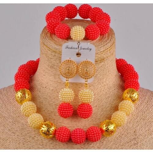 Fashion Nigeria Wedding African Bride Red and Champagne Imitation Pearl Jewelry Banquet Dress Accessories Necklace Set AZ-66