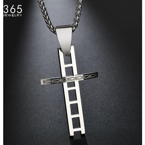 Fashion Silver Color Chic Ladder Cross Necklace Stainless Steel Male Pendant Necklace For Women Prayer Jewelry Friend Gift