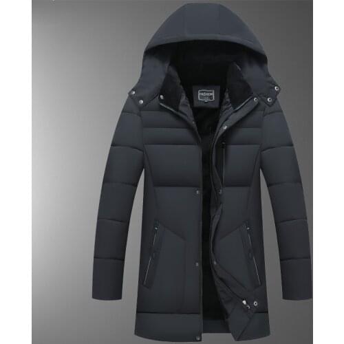 2021 Winter New High Quality Mens Solid Color Hooded Zipper Pocket Slim Fleece Warm Medium Length Mens Winter Coat