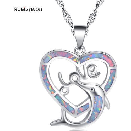 ROLILASON Heart Dolphins Designer party gift for women white fire opal silver color Necklace Pendants Fashion Jewelry OP782