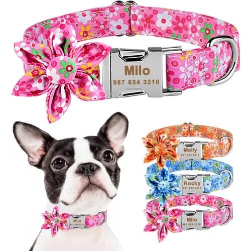 Personalized Dog Collar Nylon With Flower and Metal Buckle Small Medium Large Puppy Engraved Name Collars Pet Cat Dog Supplies