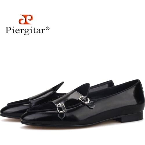 Piergitar black hand-polished calfskin patchwork velvet double-monk belgian loafers for party and prom mens smoking slippers