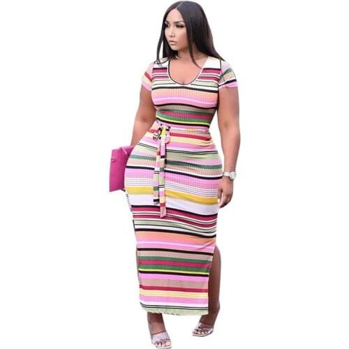 Stripe Printing Short Sleeves Long Dresses Casual Street Wear Draw String Bodycon Curved Women Trendy Vestidos Wholesale