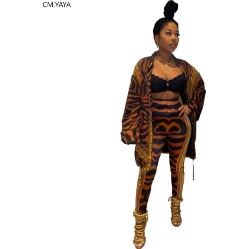 CM.YAYA Zebra Print Women Windbreak Coat Tops Pencil High Waist Pants Suit Active Wear Tracksuit Two Piece Set Fitness Outfits