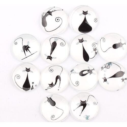 Handmade 6 Size Glass Mixed Black & White Cat Round Flatback Cameo Cabochon Domed DIY Jewelry Charm Photo Pendant Setting