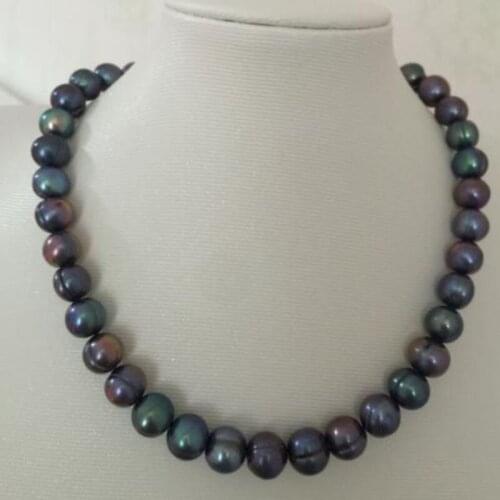 Stunning11-12mm tahitian black green pearl necklace 18"14k/20