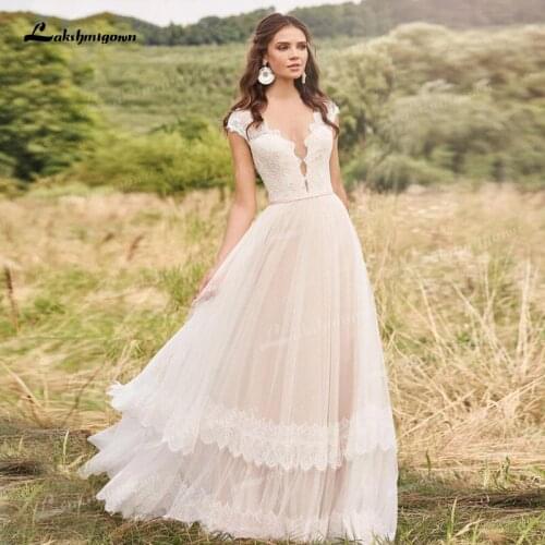 Rustic Tiered A-Line Wedding Dresses Lace Top Tulle Skirt Deep V-Neck Cap-Sleeve Sleeveless Floor-Length Sweep/Brush Bridal Gown