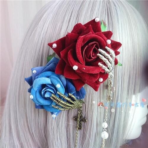 Lolita Dark Girl Gothic Rose Vampire Hairpin Wine Red Skeleton Hand Chain Side Clip Headwear Cosplay Retro Punk Hair Clip Props
