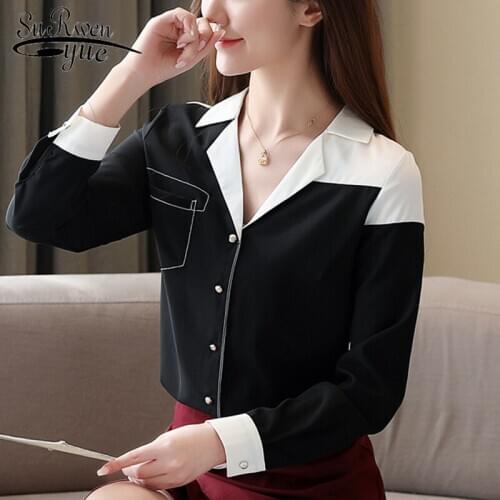 Korean Style Women Long Sleeve Chiffon Blouse Spring Fashion 2020 Office Lady Blouse Elegant V-neck Clothes Blusas 8476 50