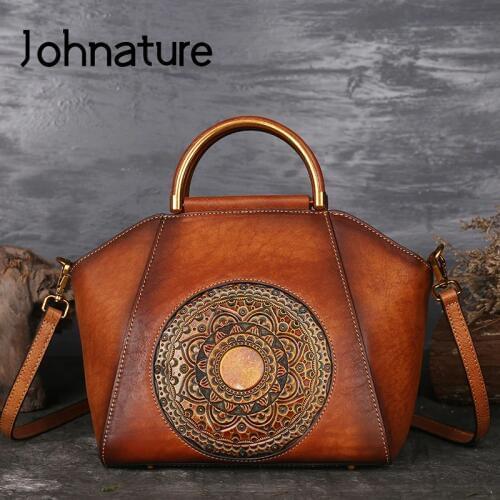 Johnature New Retro Women Handbag Handmade Genuine Leather Shell Totes Geometric Vintage Cowhide Lady Shoulder&Crossbody Bags