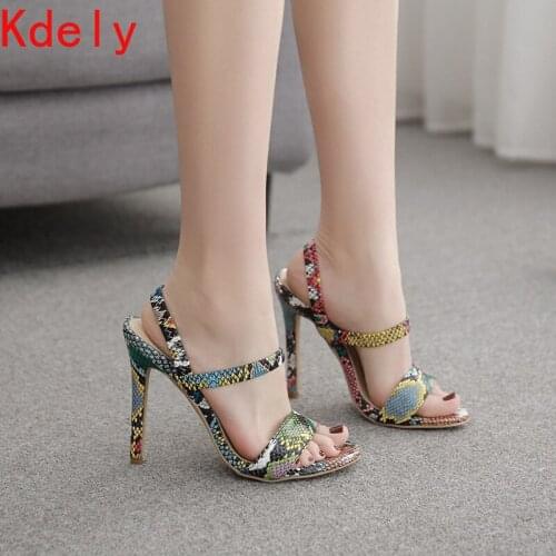 New Ankle Wrap Sandals Women Med Heel Snake Skin Sandal Slipper Slip on Slides Runway Shoes Zapatos De Mujer Dress Shoe Hot