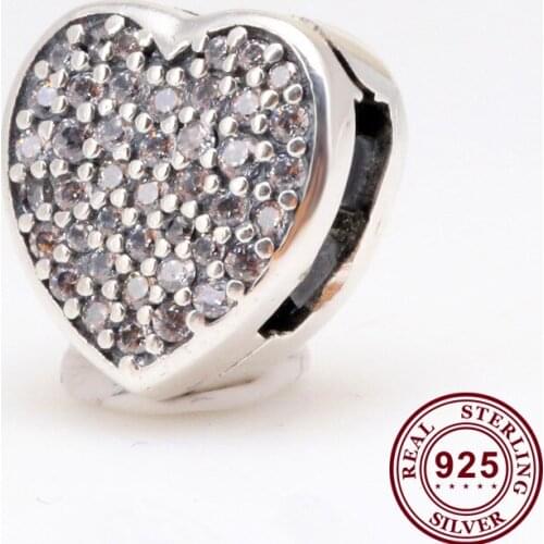 Original 925 Sterling Silver Bead New Heart With Crystal Clip Fit Pandora Women Bracelet & Necklace Diy Jewelry
