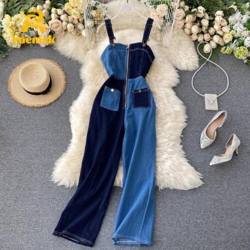ROENICK Women Design Color Matching Denim Jumpsuits Female Summer Fashion High Waist Zipper Overalls Wide-Leg Pants Rompers