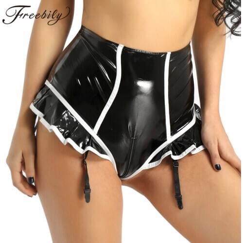 Women Pole dance Costume Wetlook Faux Leather Ruffled and Lined Zipper Crotch High Waist Surspender Panties with Plastic Garters