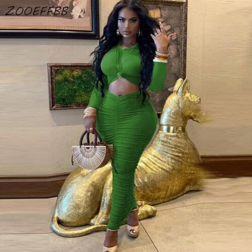 ZOOEFFBB Sexy Ruched Two Piece Club Birthday Outfits Autumn Women Clothes Long Sleeve Top Midi Skirt Streetwear Matching Sets