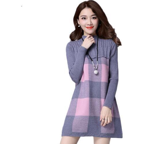 OKXGNZ Women Knitted Dress Round Neck Long Sleeve A-Line Pullover Knitted 2020 New Autumn Winter Women Mini Sweater Dress K782