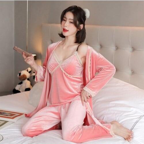 Spring, Autumn and winter new gold velvet with three-piece chest pad set, long-sleeved long pants suspenders with nightgown home