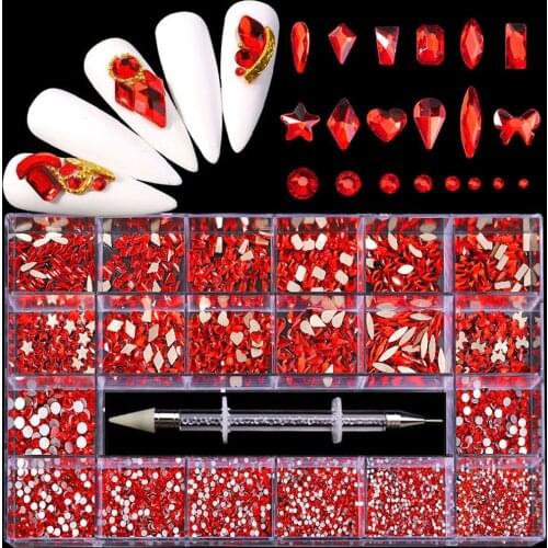 1 Box Rhinestone Red/Blue/Gray/Gold Multi-shape Round Strass SS3-SS12+ Picker Wax Pen Flatback Glass Nail Art Decorations Stones