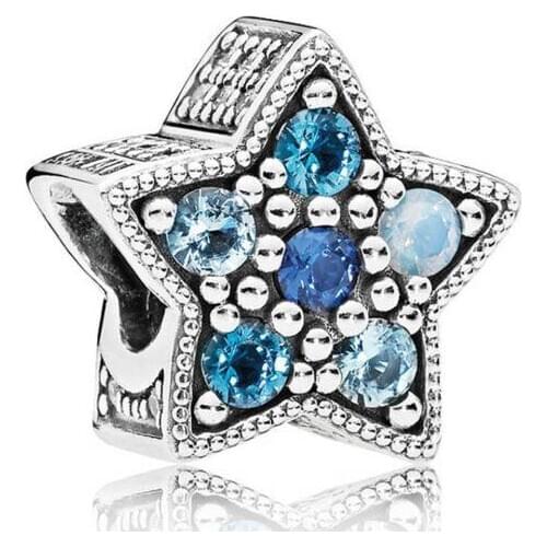 Genuine 925 Sterling Silver Charm Bright Star With Multi-Colored Crystals Beads Fit Women Pan Bracelet & Necklace Jewelry