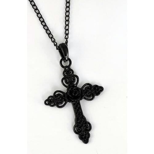 Black Gothic Cross Necklace with Rose Detail - Trad Goth Necklace, Black Gothic Jewelry, Ornate Cross Pendant, Gothic Gift