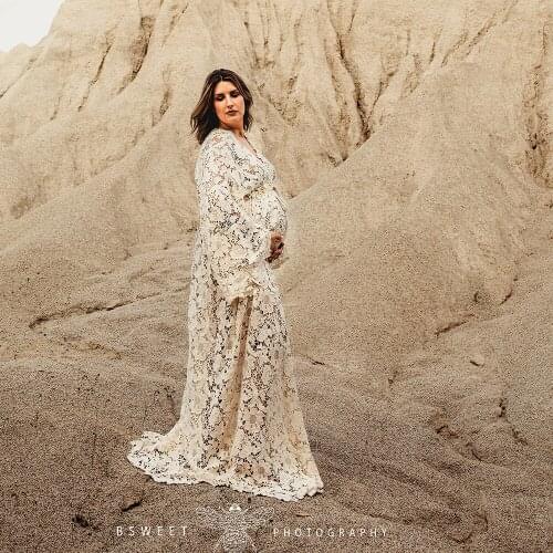 Boho Robe Vintage Stretchy Cotton Embroidery Maternity Gown Long Sleeves Pregnant Kaftan for Photography Prop Baby Shower Gift