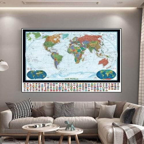 The World Map with National Flags Large Poster Non-woven Canvas Painting Wall Decorative Art Picture Home Decoration