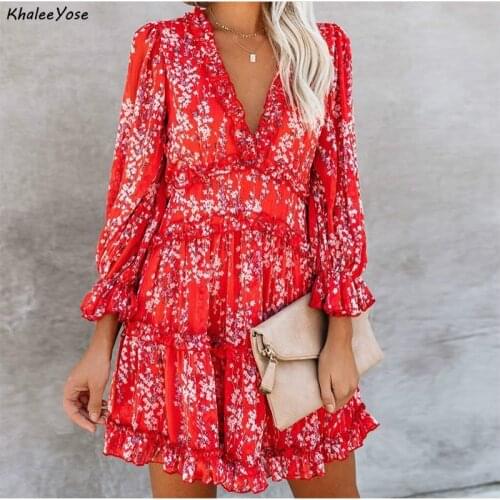 KHALEE YOSE Red Floral Summer Dress Sexy Women Mini Dresses Chiffon Lantern Sleeves Ruffles Chic Floral Backless Party Dress