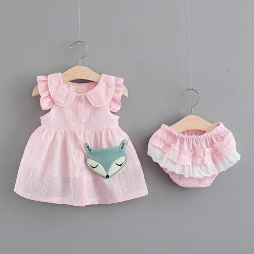 Summer Girls Dress Sweet Princess Dress Suit + Fox Bag Baby Kids Wedding Party Dresses Clothing Pink todler girl skirt 0-4 years
