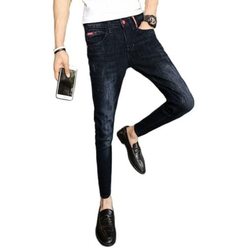 Summer 2020 Fashion washing street new slim feet cropped pants mens handsome casual tight pencil jeans Korean trend mens pants
