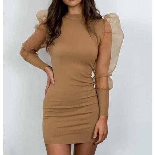 Puff Long Sleeve Mini Solid Dress Black Sheer Mesh Sleeve Short Dress Women Slim Fit Bodycon Dresses Pencil Vestidos Femme