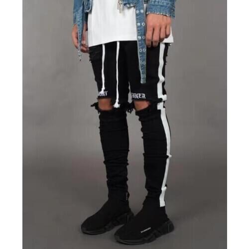 2019 New Design Fashion Men Holes Jeans Cool European Men Hip Hop Ripped Slim Jeans Sides Webbing pants Drop shipping slip
