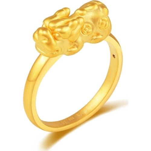 Genuine Pure 999 24K Yellow Gold Ring 3D Hard Gold Lucky Coin Pixiu Ring US5-9 / Best Gift