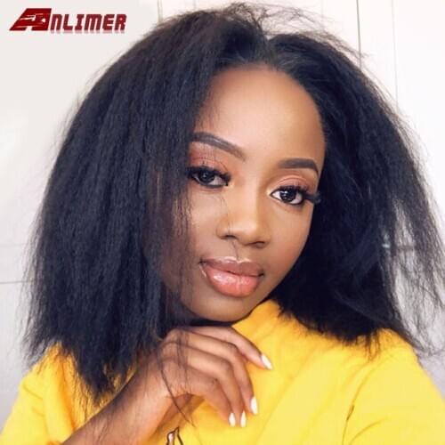 Silk Base Kinky Straight Wig Short Bob Wig Preplucked 13x4 Lace Frontal Wig 180 Density Yaki Straight Short Bob Human Hair Wig