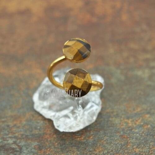 RM5562 10Pcs Gold Plating Faceted Circle Ring Tiger Eye Ring 10mm