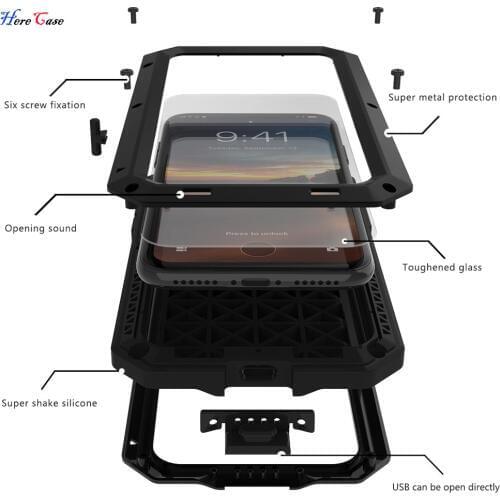 Luxury Doom Armor Dirt Shock Waterproof Metal Aluminum Phone Bags case For iPhone X XS XR iPhone XS Max Cover+Tempered Glass