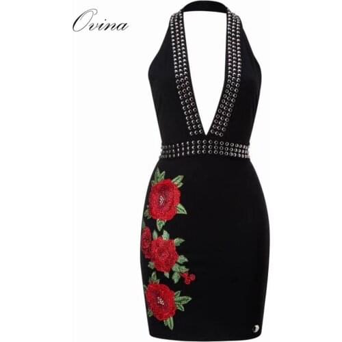 Sexy Deep V Neck Sleeveless Embroidery Mini Bandage Women Dress