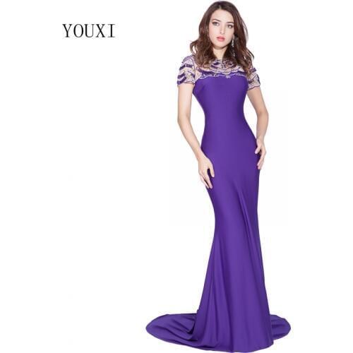 Sexy Sheer Neck Purple Evening Dresses 2019 Fashion O-Neck Satin Pearls Beaded Long Prom Dresses FD19