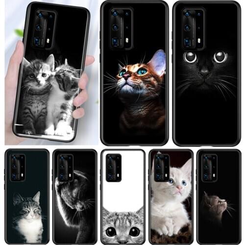 Silicone Cover Black Big Eye Cat For Huawei P40 P30 P20 Pro P10 P9 P8 Lite E Plus 2019 2017 Phone Case