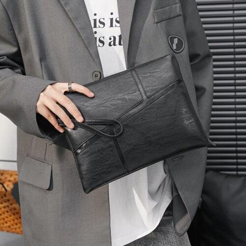MJ Clutch Bags Soft Leather Clutch Hand Bag Vintage Envelope Big Clutches Male File Bag Zipper Wallet Solid Large Capacity