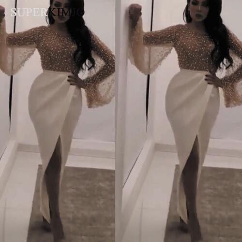 SuperKimJo Luxury Beaded Evening Dresses Long Flare Sleeve Mermaid Arabic Formal Dresses Vestiti Eleganti Donna Cerimonia Sera