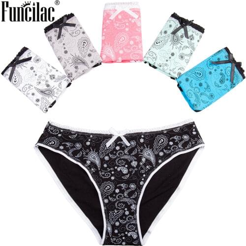FUNCILAC Women Underpants Sexy Bikini Panties Cotton Low Waist briefs Ladies Underwear Girls Print Lingerie M L XL 5 Pcs/lot