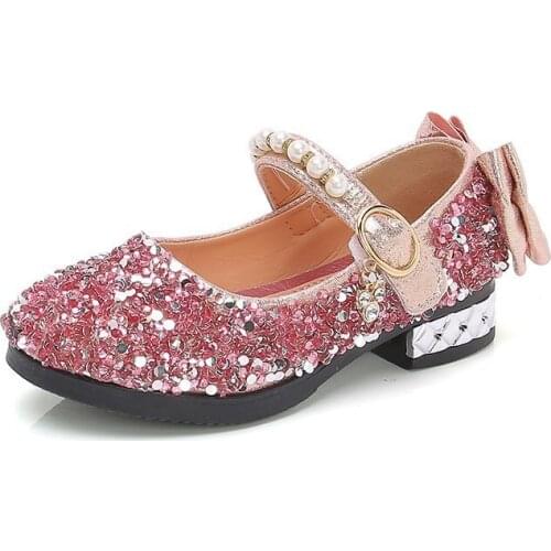 Girls Leather Shoes 2021 New Crystal Single Shoes for Kids Princess Baby Show Casual Flats Sequined Sweet Pearl for Party 26-37
