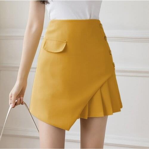 LJSXLS Pleated High-waisted Skirt Womens Korean Style All-match A-Line Mini Skirts Summer Chic Button Pleating Short Jupe Femme