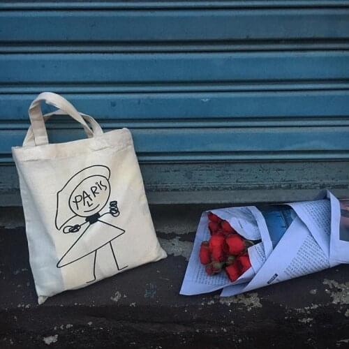 Women Canvas Shoulder Shopper Bags Cotton Cloth Tote Bags for Women PARIS Letters Cartoon Handbag Reusable Shopping Bag 2021 New